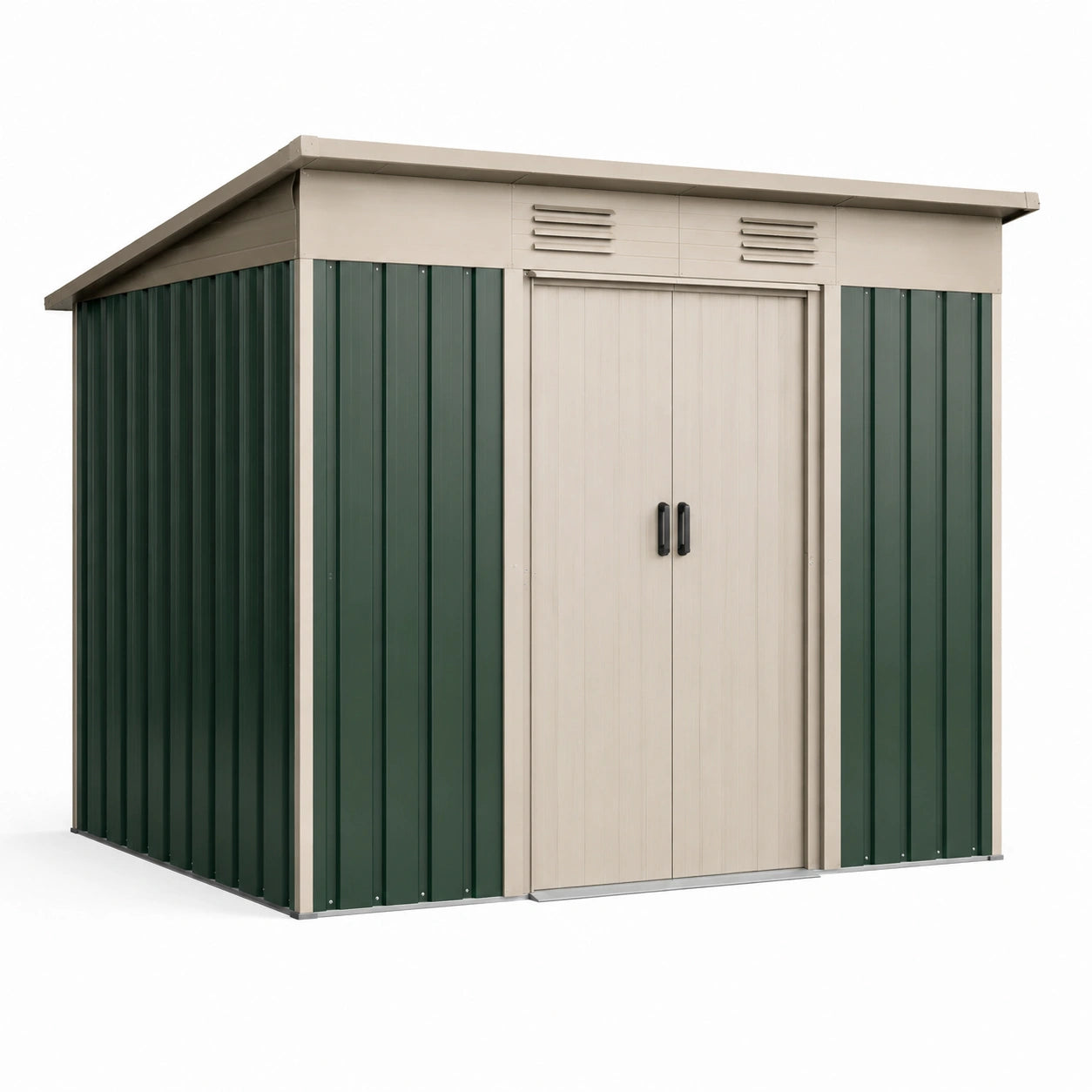 Abri de jardin en métal vert et beige avec portes coulissantes