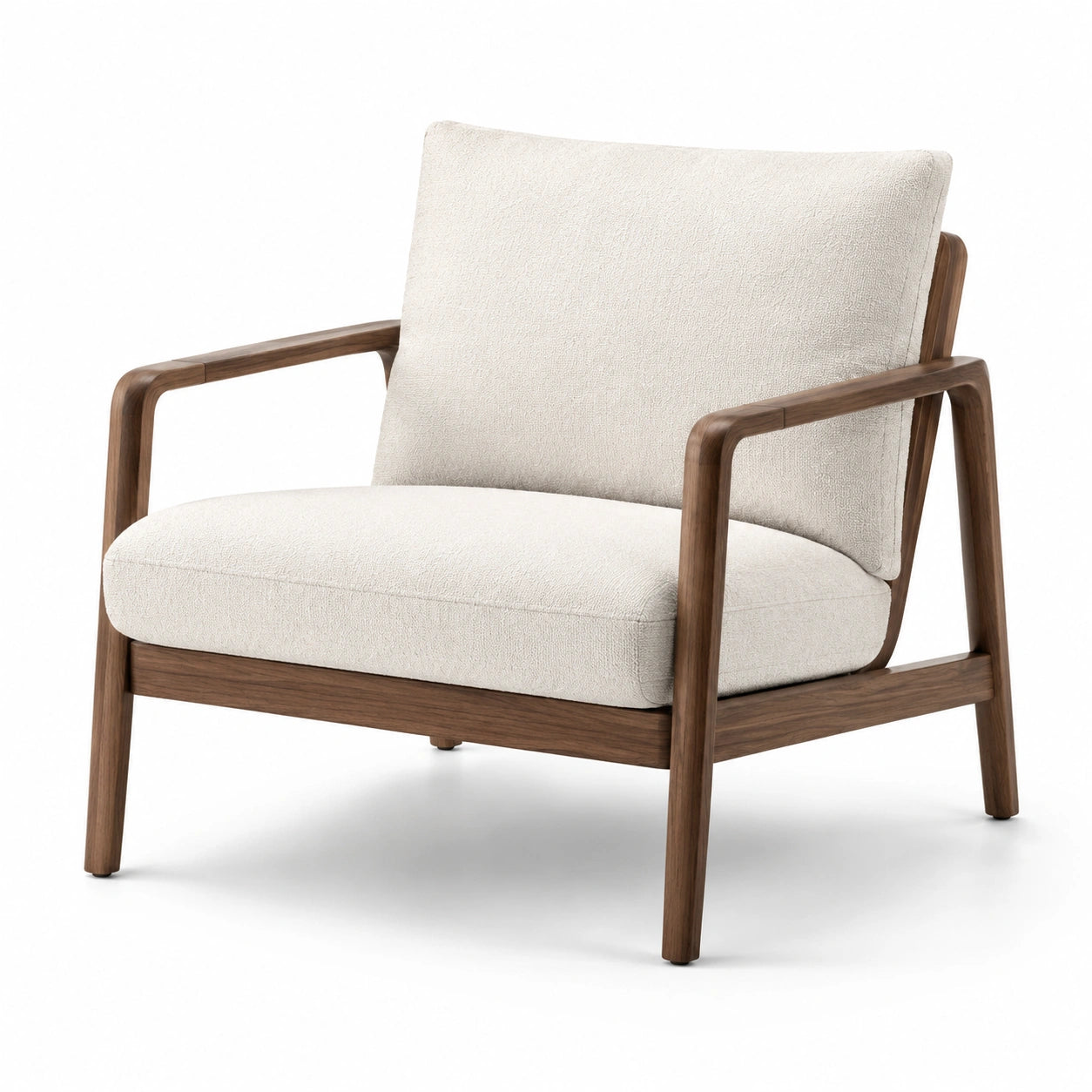 Fauteuil en tissu beige avec structure en bois de noyer