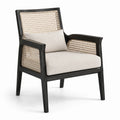 Fauteuil en bois et rotin avec coussin en lin beige