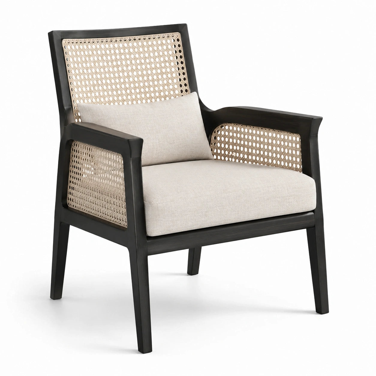 Fauteuil en bois et rotin avec coussin en lin beige