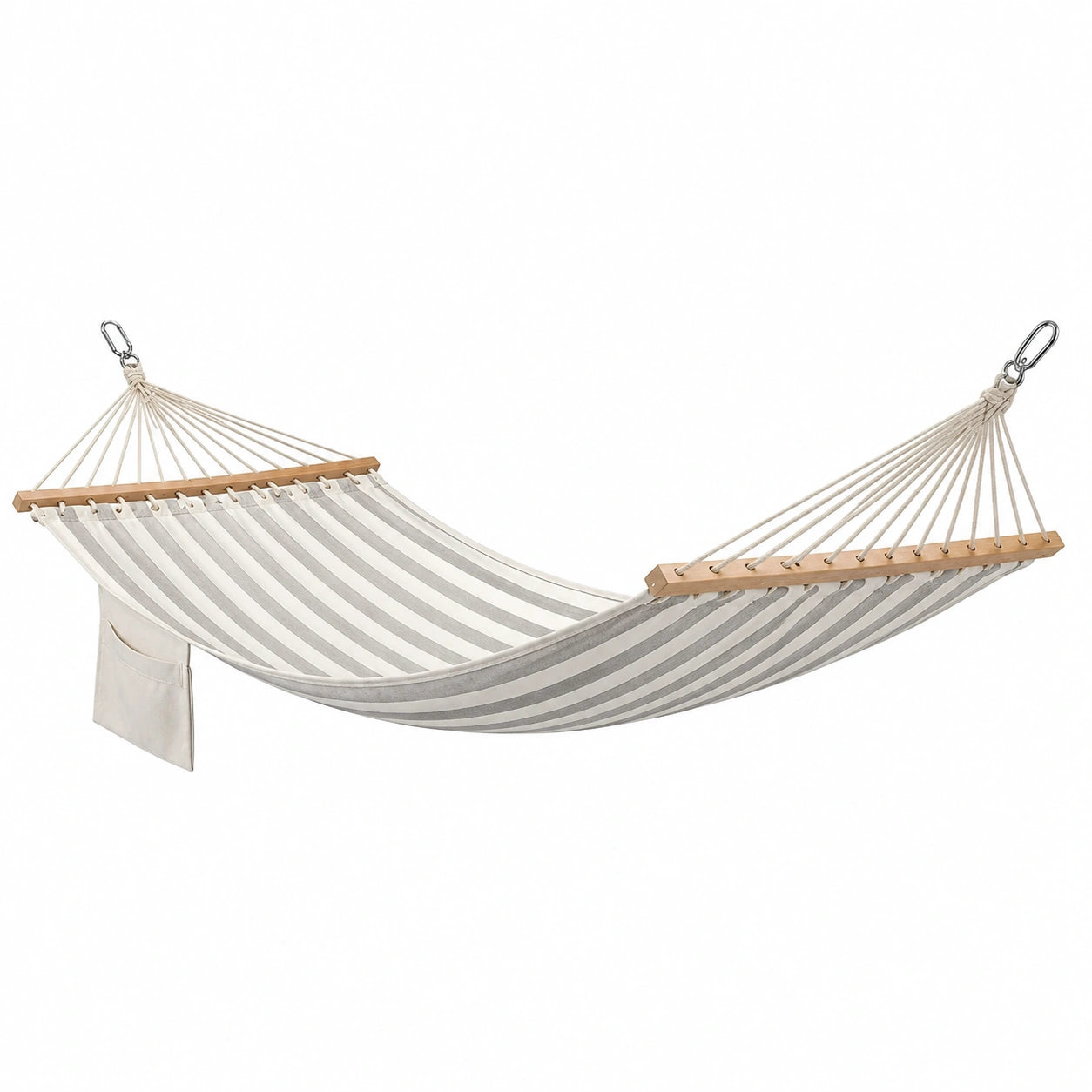Hamac en coton rayé beige et blanc avec barres en bois