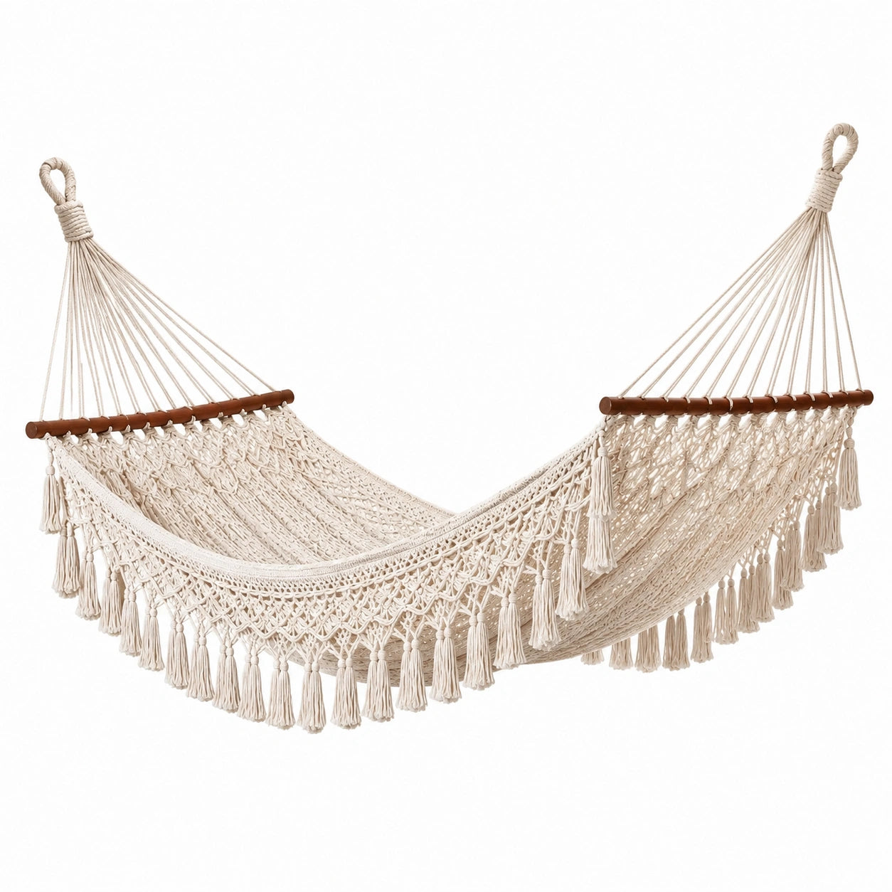 Hamac en macramé coton crème avec franges 200x150 cm