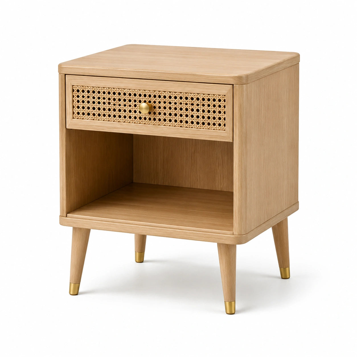 Table de chevet en bois avec tiroir en rotin