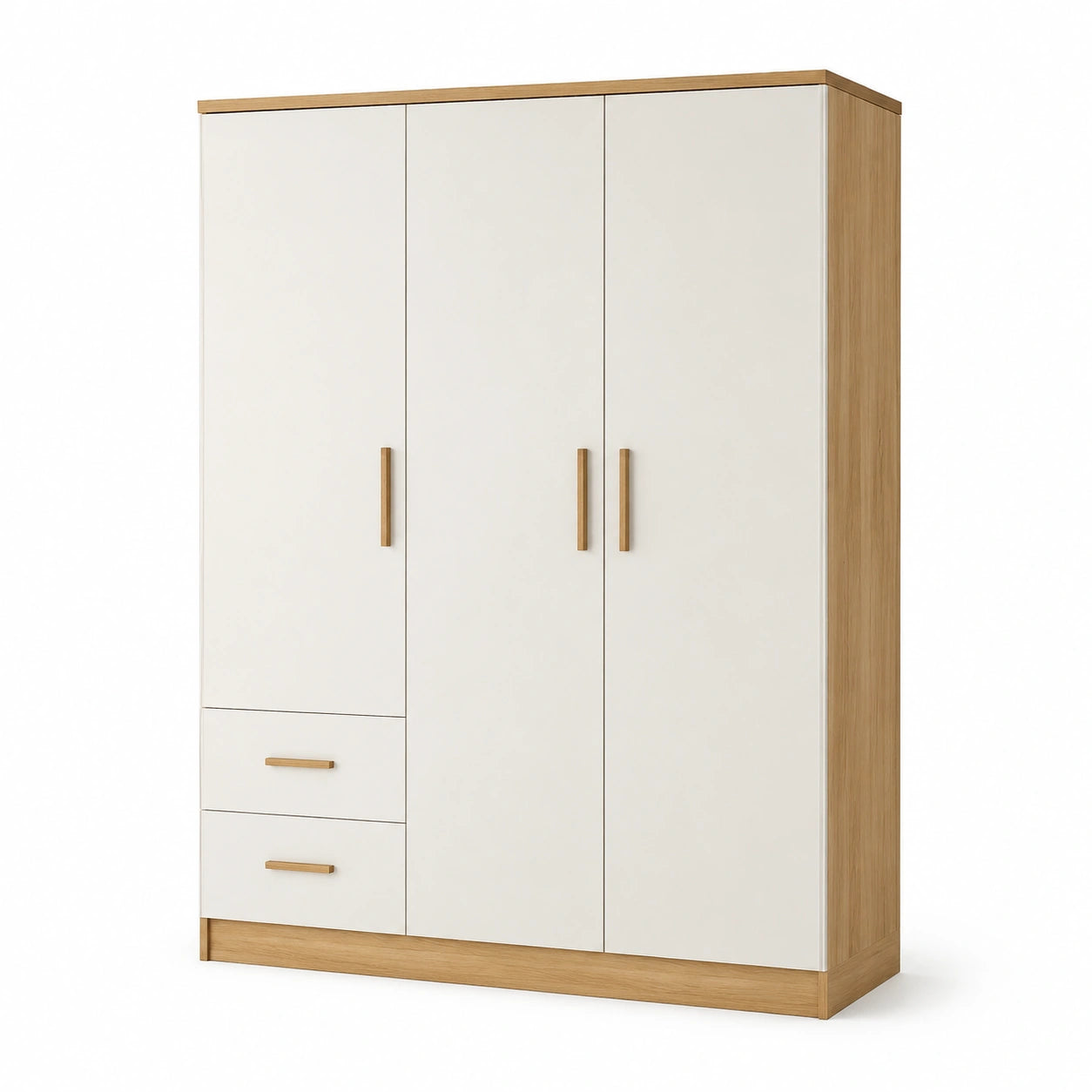 Armoire en bois MDF trois portes blanc/chêne avec tiroirs 200x150x60 cm