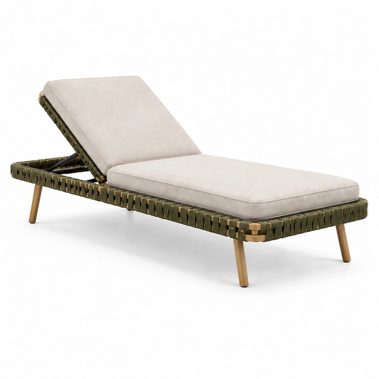 Transat en bois avec coussin beige et vert 210cm