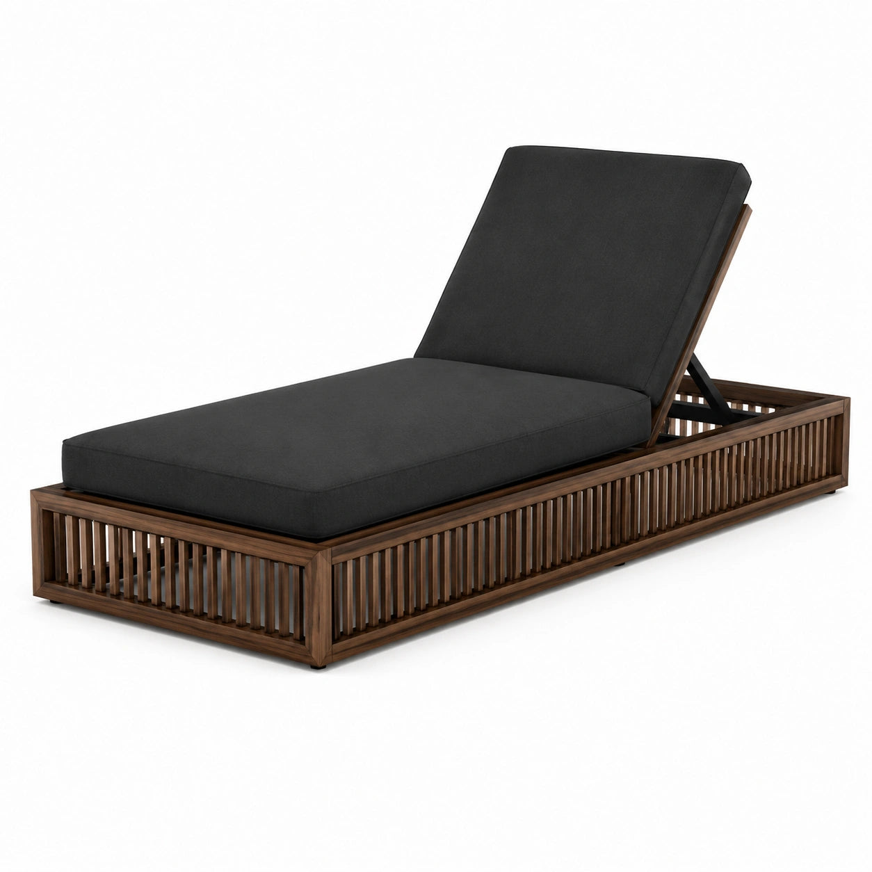Chaise longue en bois d'acacia et tissu polyester noir