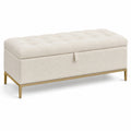 Banc de rangement en bois avec tissu bouclé beige et pieds métalliques dorés