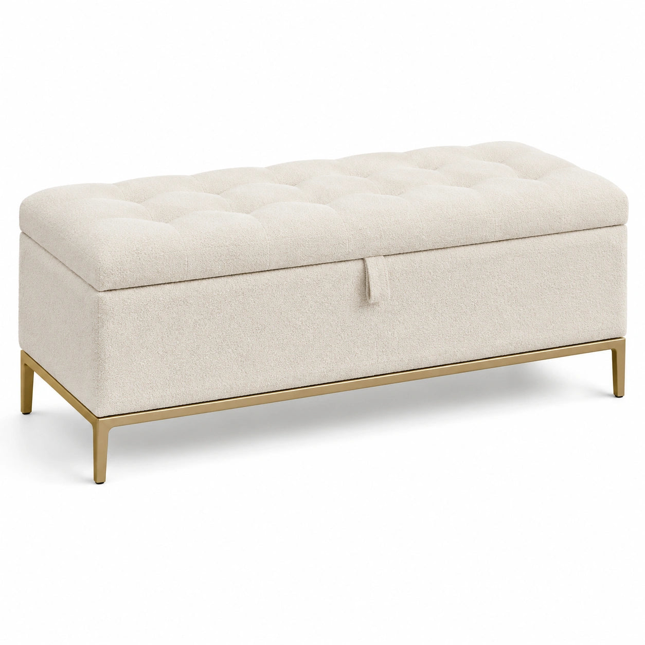 Banc de rangement en bois avec tissu bouclé beige et pieds métalliques dorés