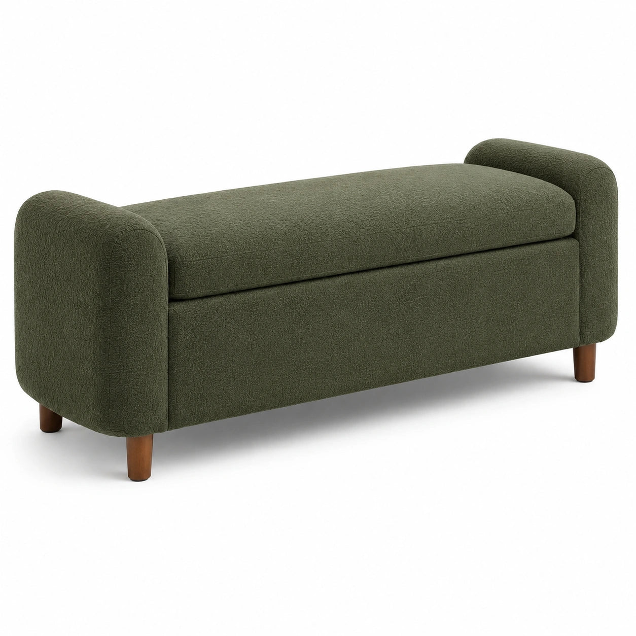 Banc de rangement en tissu polyester olive avec pieds en bois
