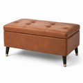 Banc de rangement en cuir synthétique brun avec pieds en bois
