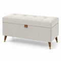 Banc de rangement en tissu beige avec pieds en bois