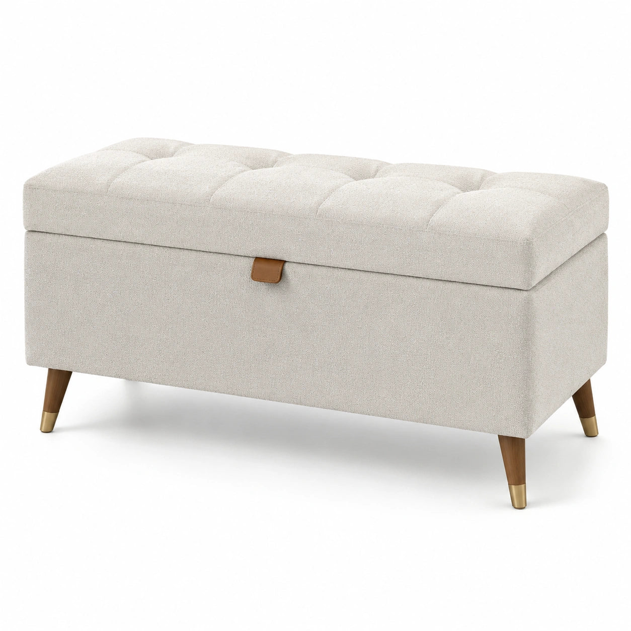 Banc de rangement en tissu beige avec pieds en bois