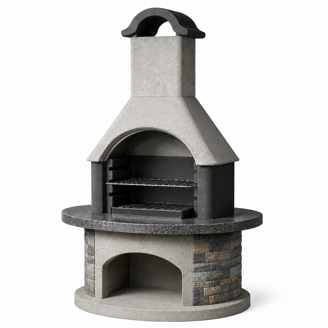 Barbecue en béton avec grille en acier inoxydable, hauteur 200 cm, gris