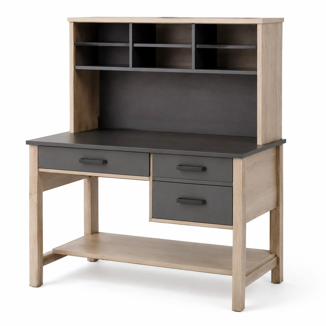 Bureau en bois de chêne avec étagères et tiroirs en stratifié gris