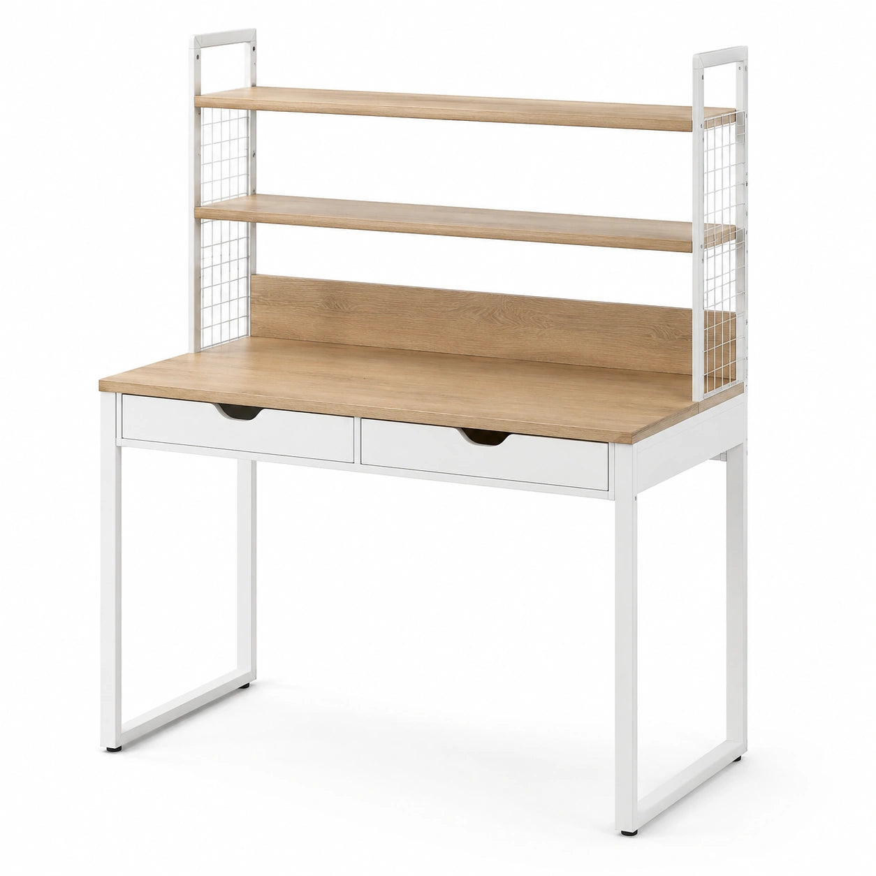 Bureau en bois d'aggloméré et métal blanc avec étagères 120x60x120 cm