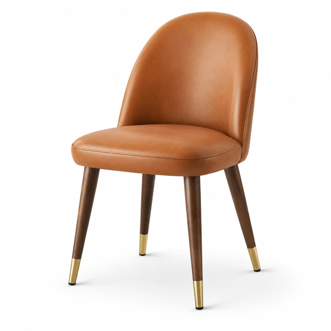 Chaise en cuir brun avec pieds en bois et embouts en laiton