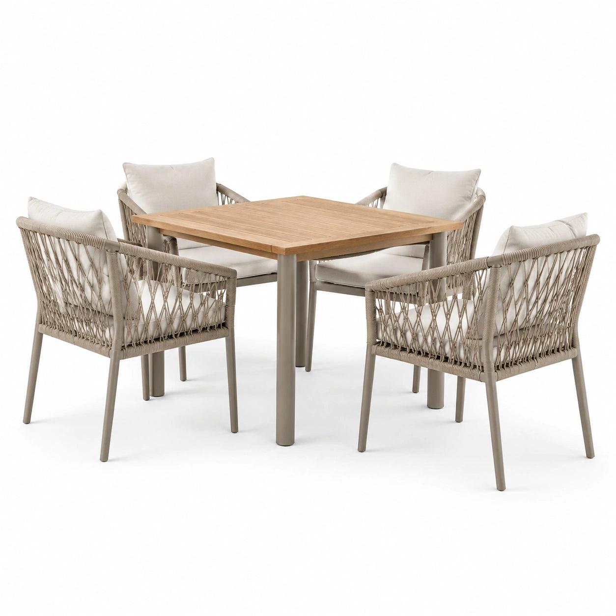 Ensemble de repas extérieur en bois et aluminium avec chaises en corde