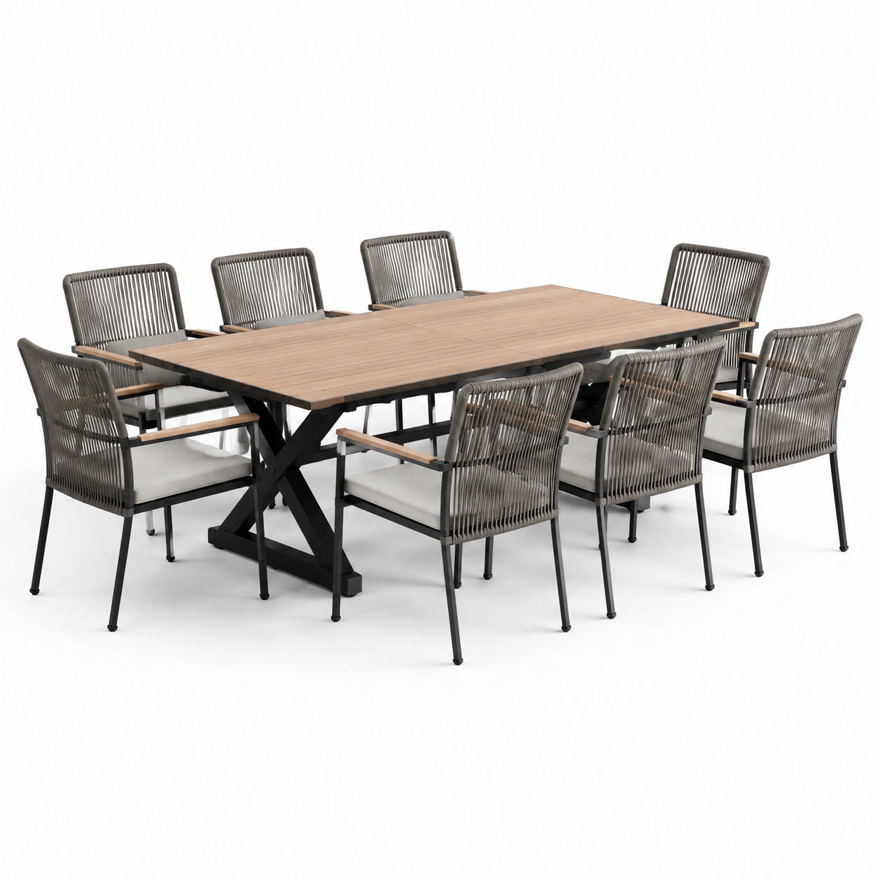Ensemble de repas extérieur en bois d'acacia et métal avec 8 chaises en corde