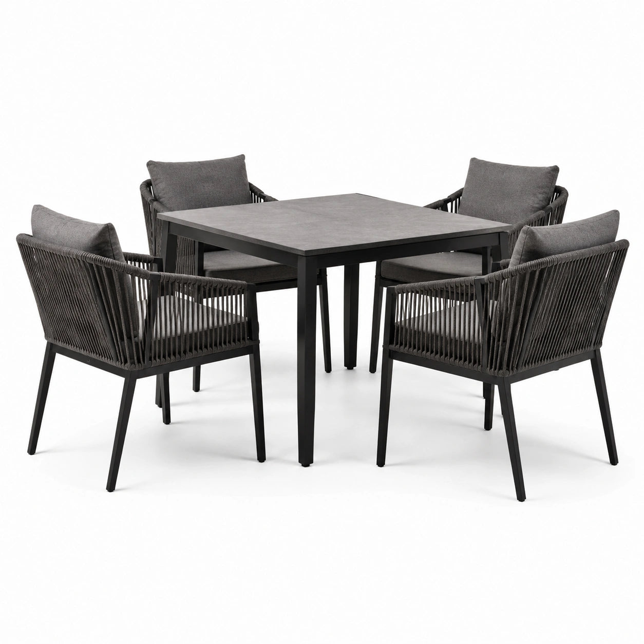 Ensemble de repas carré en métal et corde avec 4 fauteuils anthracite